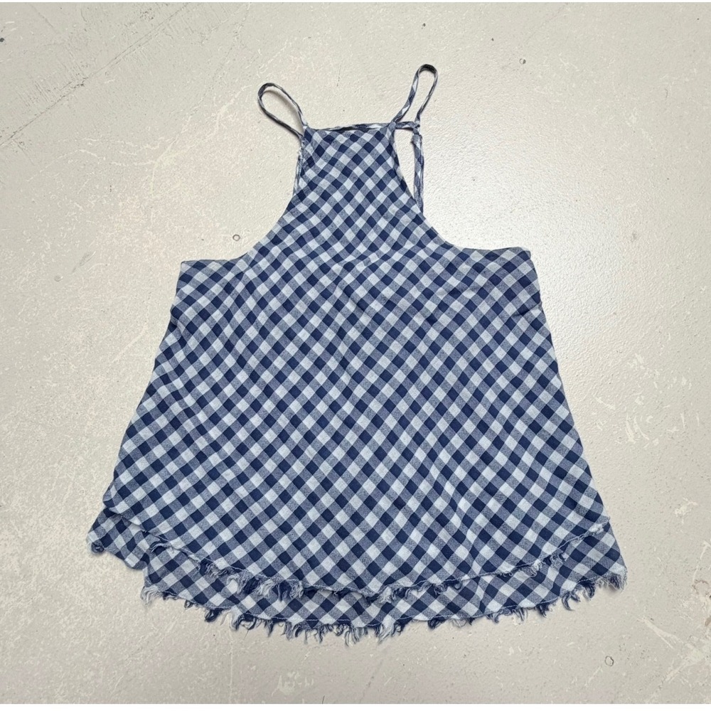 American Eagle Blue Gingham Frayed Hem Halter Top XS Festival Summer Party Boho